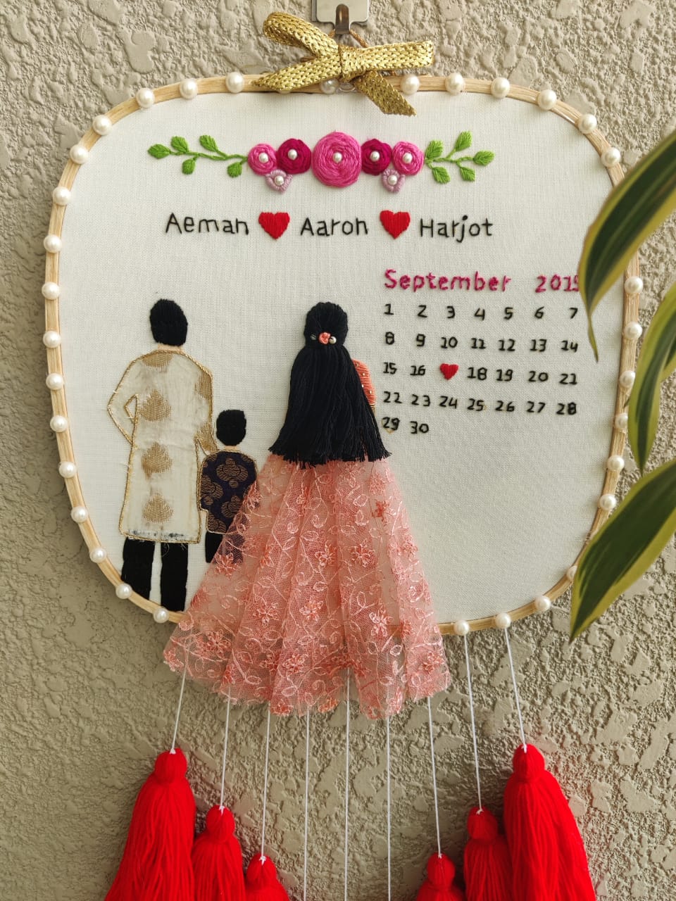 Customizable Couple & Child Anniversary Embroidered Hoop with Tassels