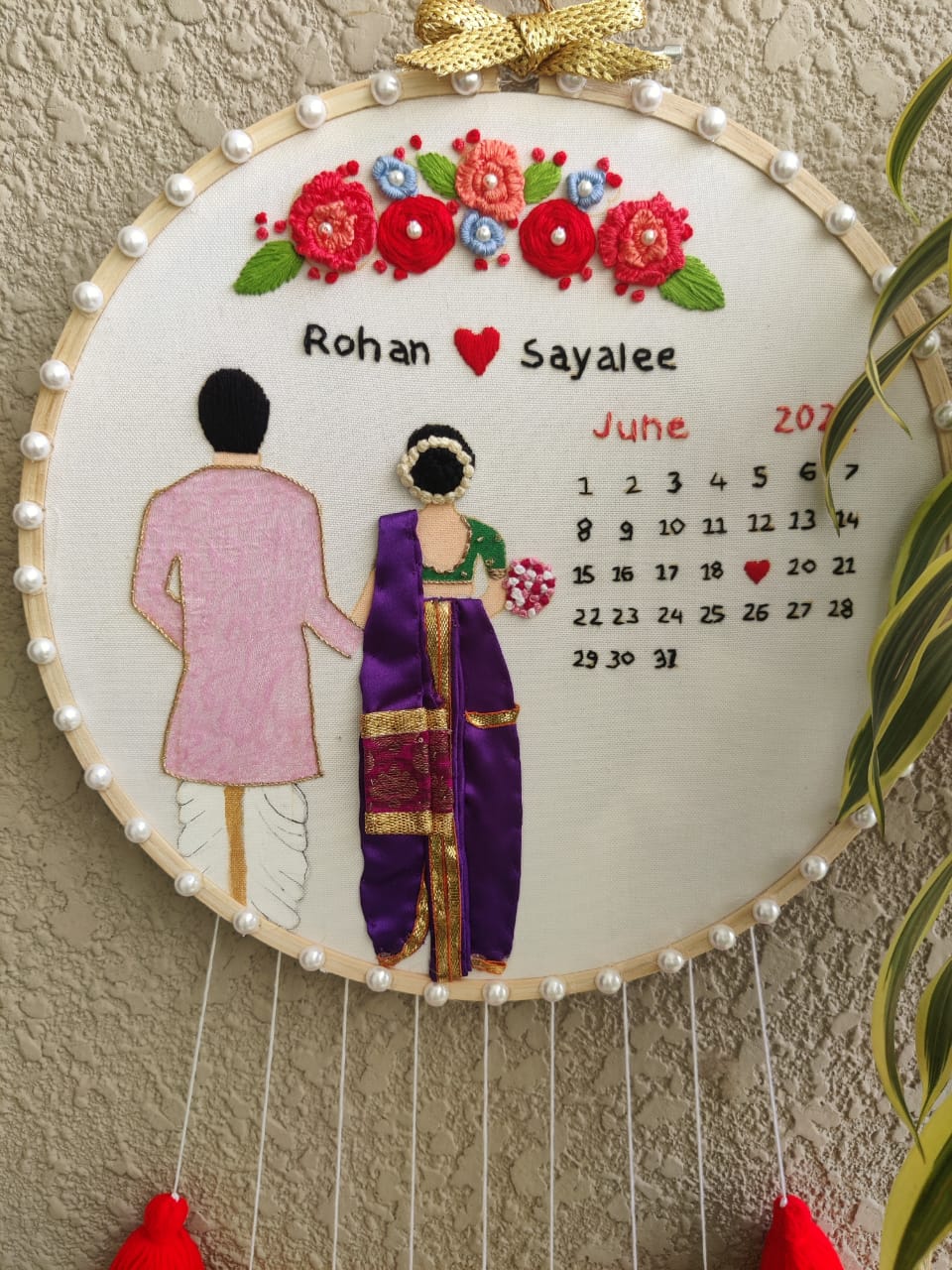 Customizable Bride & Groom Calendar Embroidered Hoop with Tassels