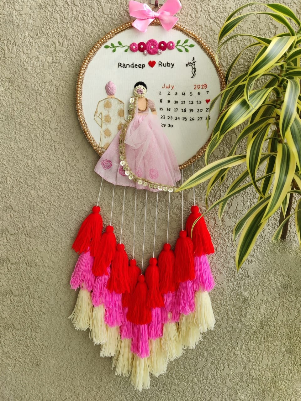 Customizable Bride & Groom Calendar Embroidered Hoop with Tassels