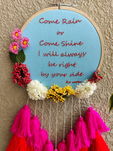 Customizable Quote Floral Embroidered Hoop with Tassels