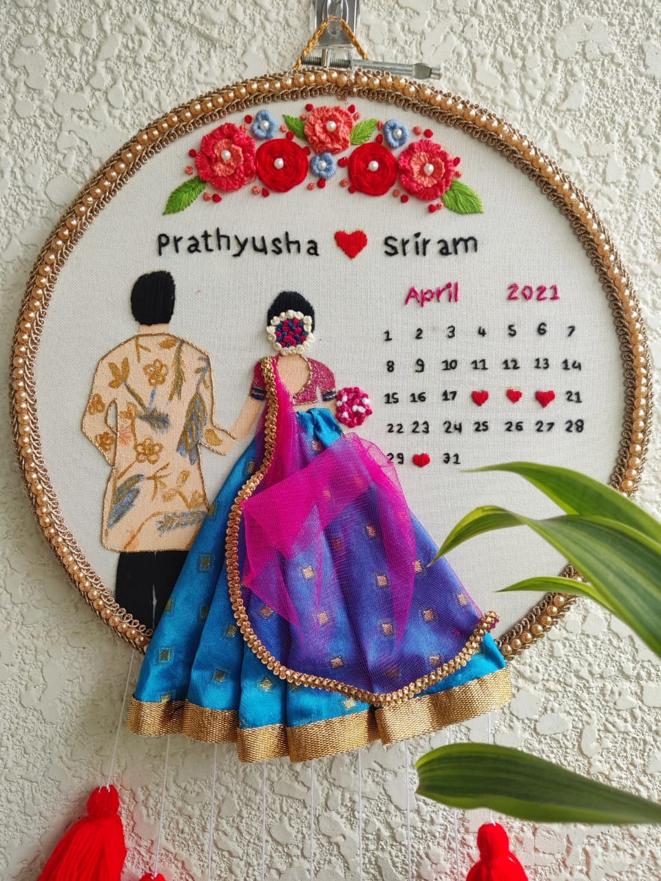 Customizable Bride & Groom Calendar Embroidered Hoop with Tassels
