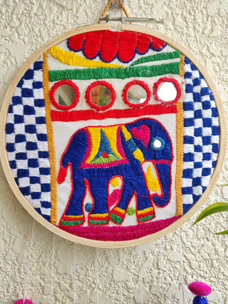Elephant Embroidered with Mirror Work Round Dreamcatcher