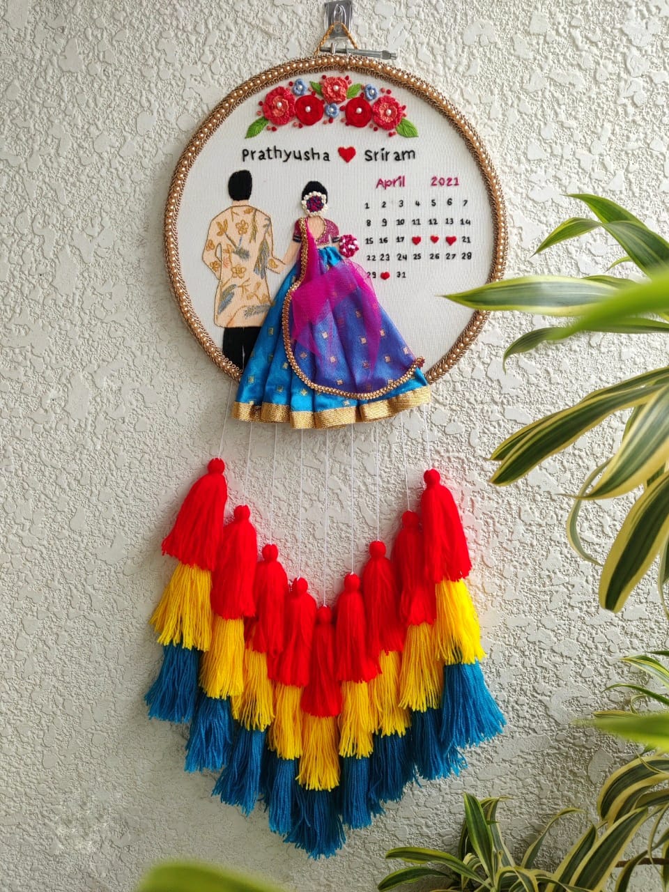 Customizable Bride & Groom Calendar Embroidered Hoop with Tassels