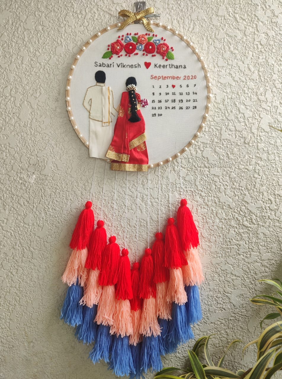 Customizable Bride & Groom Calendar Embroidered Hoop with Tassels