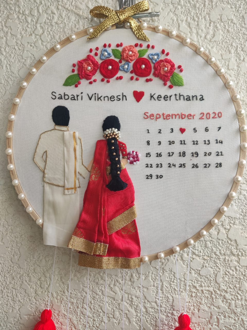 Customizable Bride & Groom Calendar Embroidered Hoop with Tassels