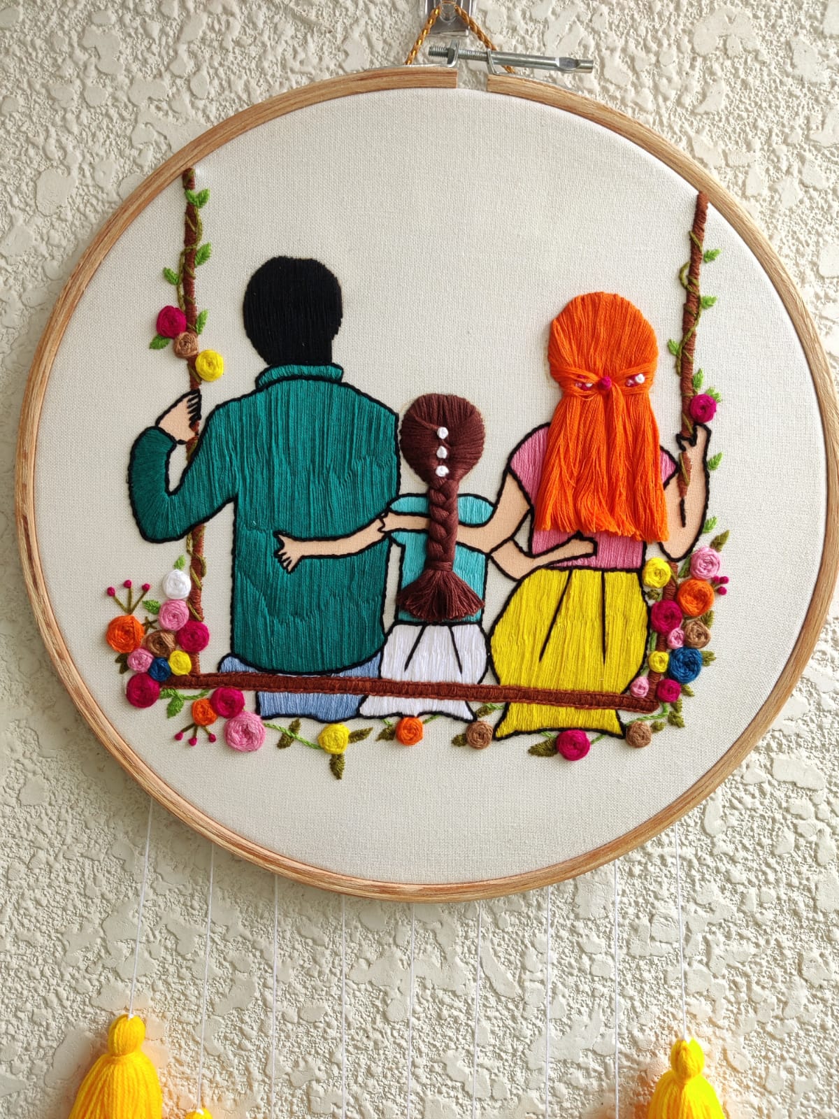Father Daughter & Mom Embroidered Hoop with Tassels