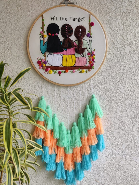 3 Girls on Swing Embroidered Hoop with Tassels