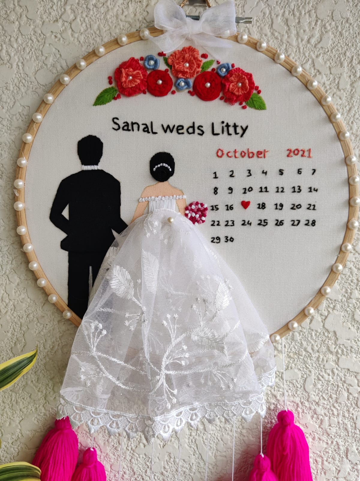 Customizable Bride & Groom Calendar Embroidered Hoop with Tassels