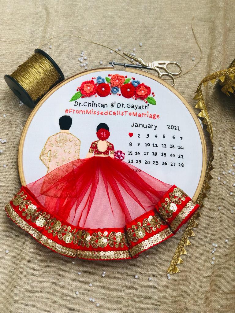 Customizable Bride & Groom Calendar Embroidered Hoop