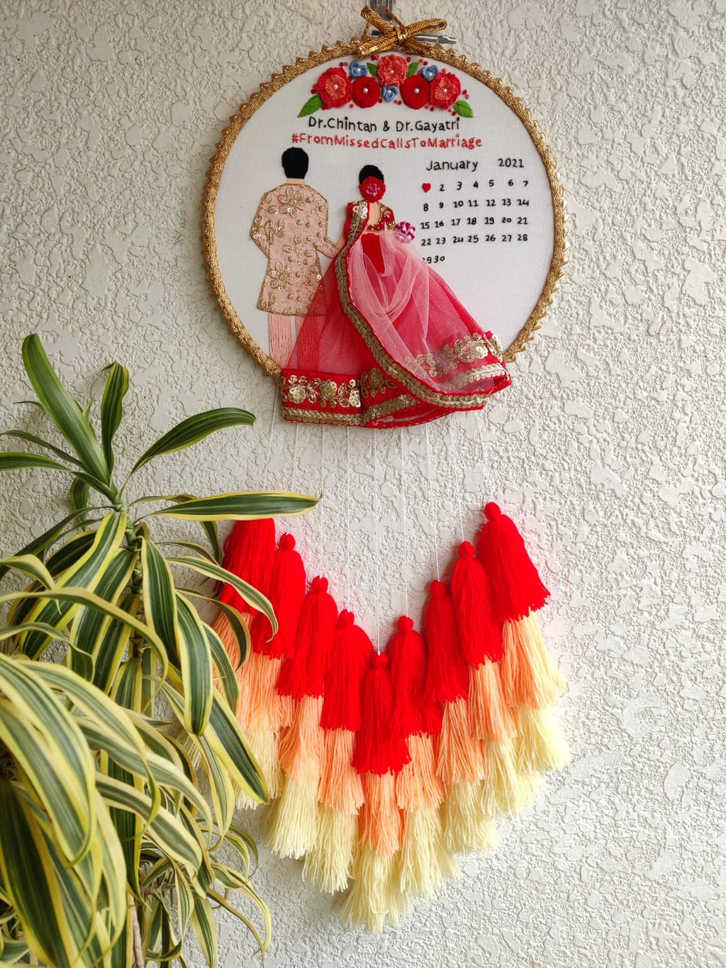 Customizable Bride & Groom Calendar Embroidered Hoop with Tassels