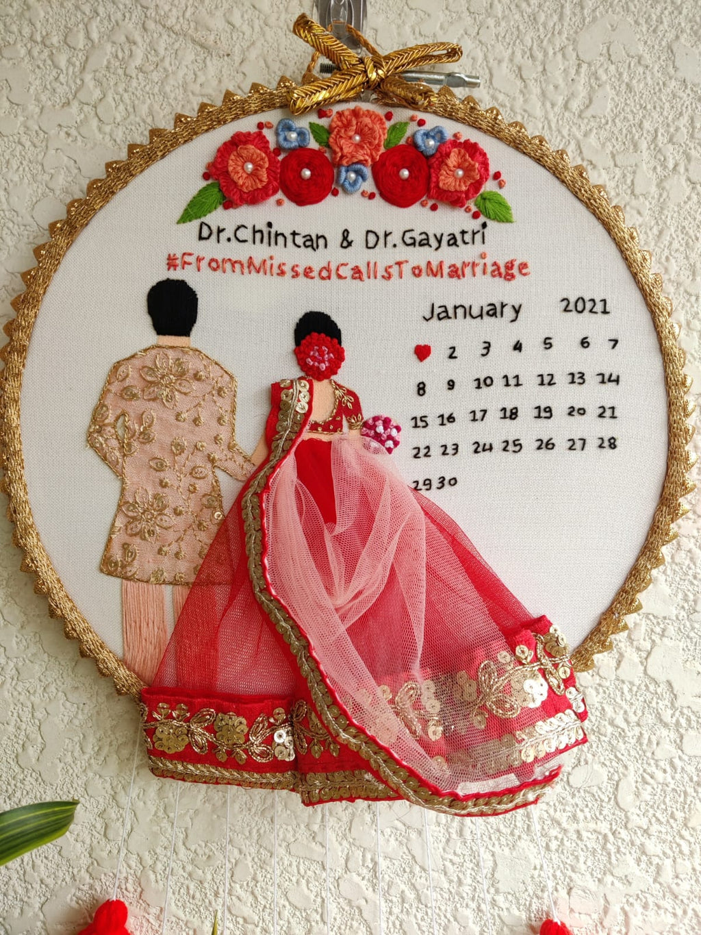 Customizable Bride & Groom Calendar Embroidered Hoop with Tassels