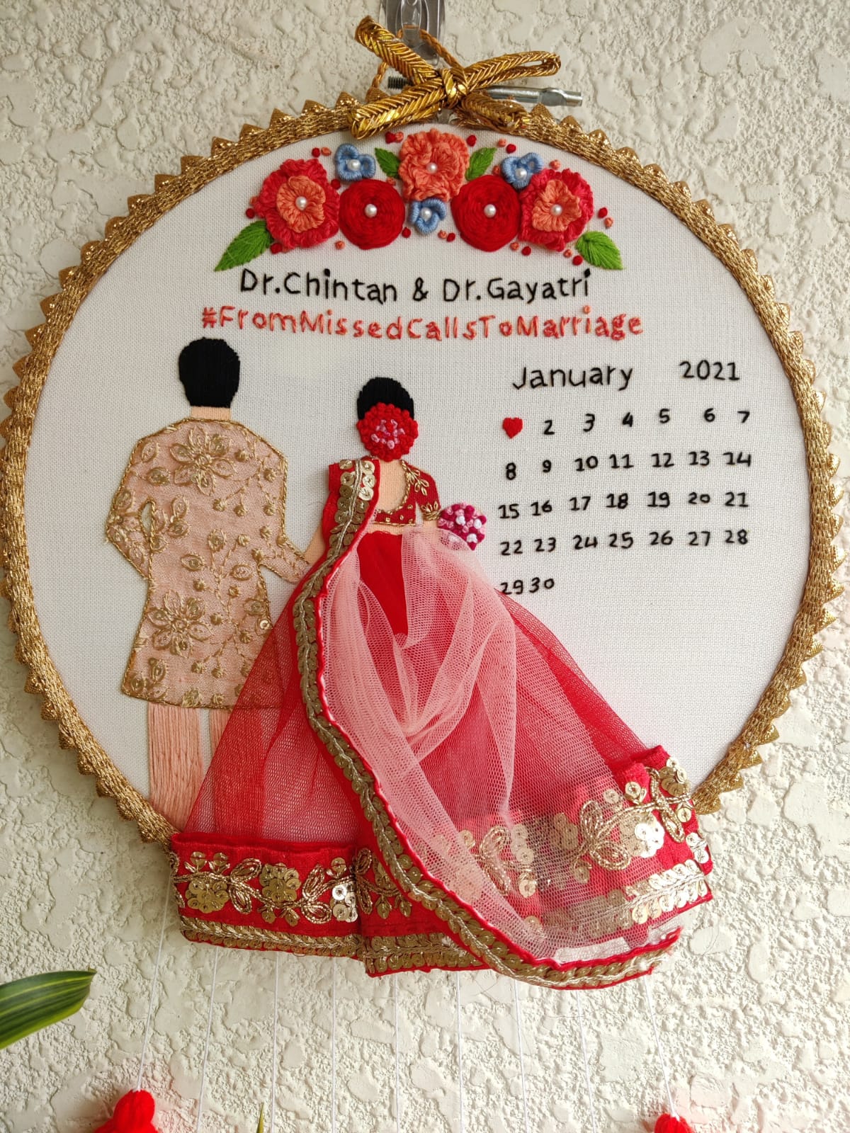 Customizable Bride & Groom Calendar Embroidered Hoop with Tassels