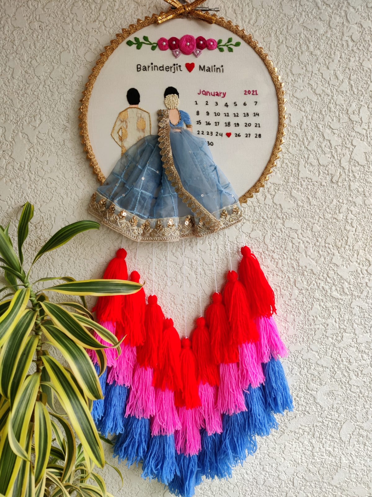 Customizable Bride & Groom Calendar Embroidered Hoop with Tassels