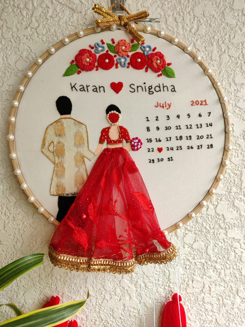 Customizable Bride & Groom Calendar Embroidered Hoop with Tassels