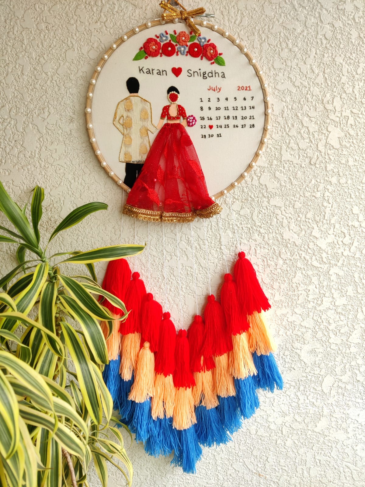 Customizable Bride & Groom Calendar Embroidered Hoop with Tassels