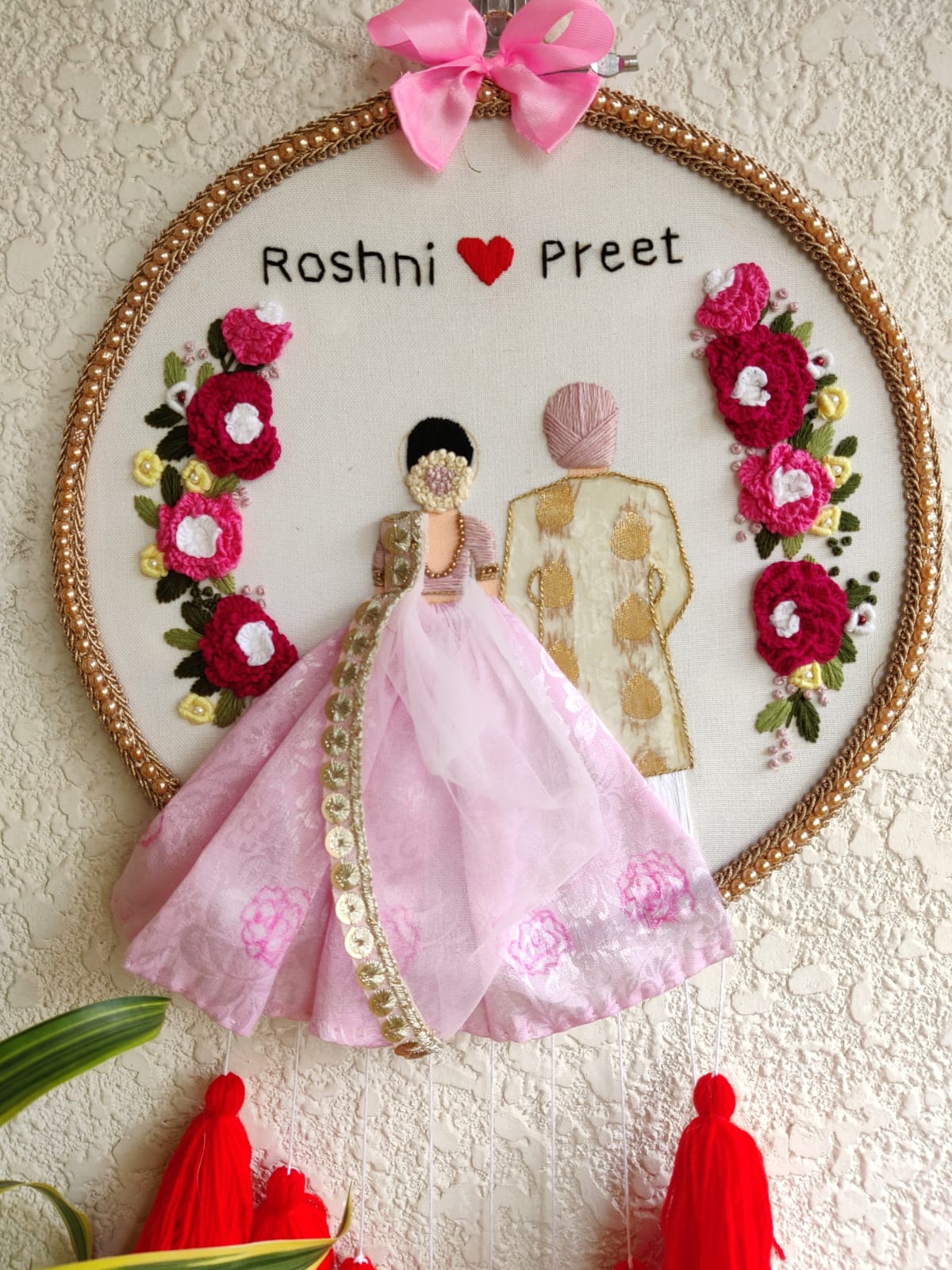 Customizable Couple Embroidered Hoop with Tassels
