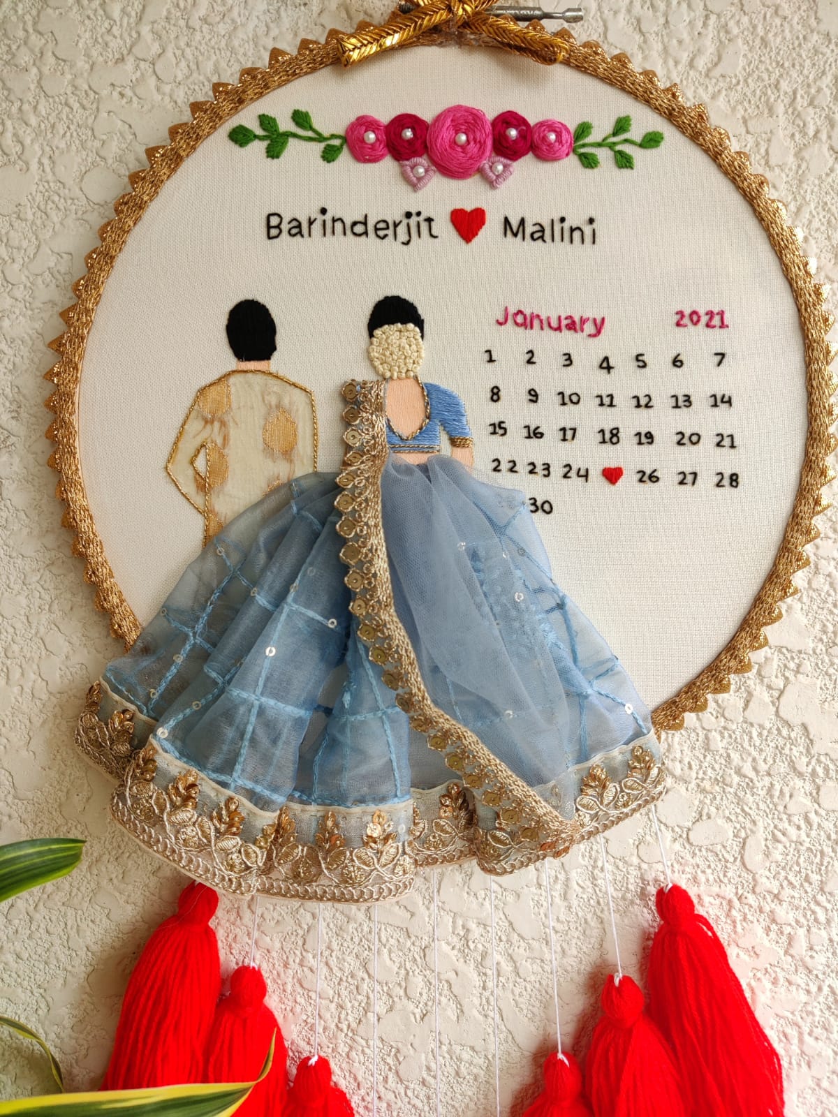 Customizable Bride & Groom Calendar Embroidered Hoop with Tassels