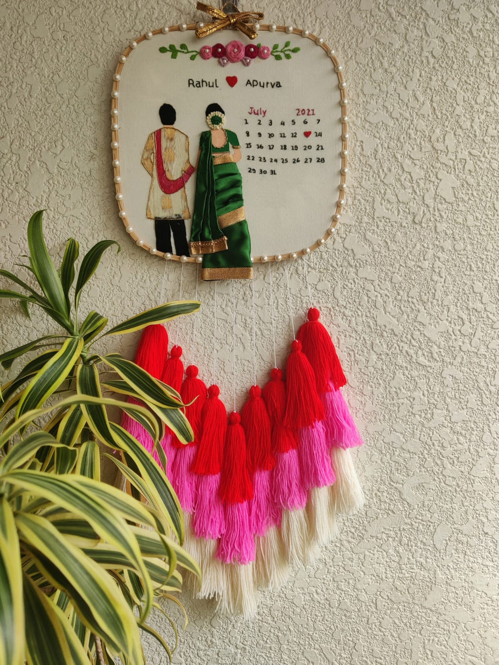 Customizable Bride & Groom Calendar Embroidered Hoop with Tassels