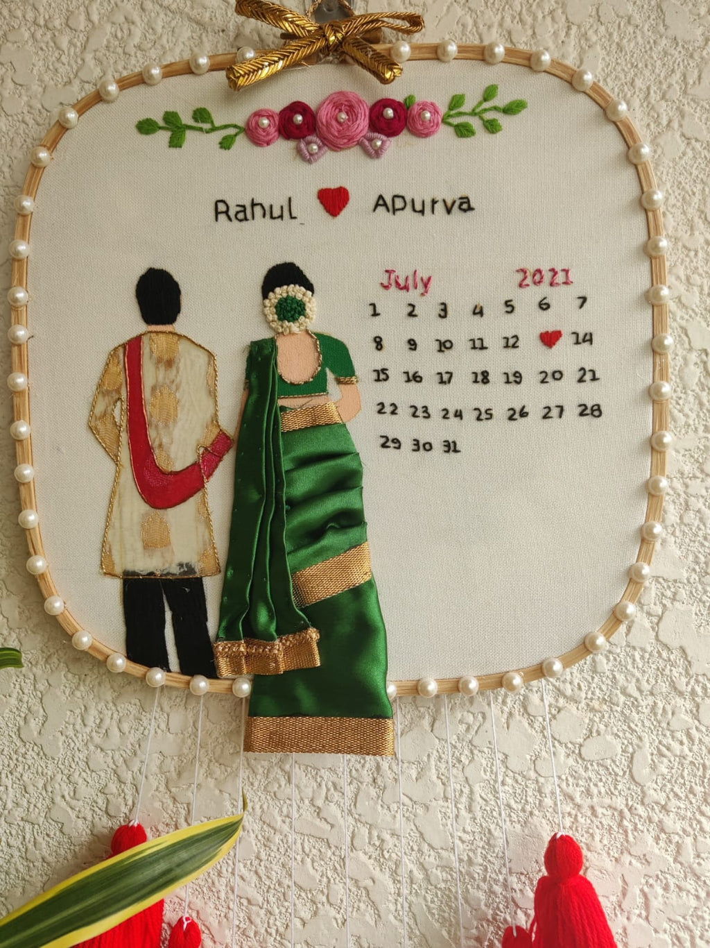 Customizable Bride & Groom Calendar Embroidered Hoop with Tassels