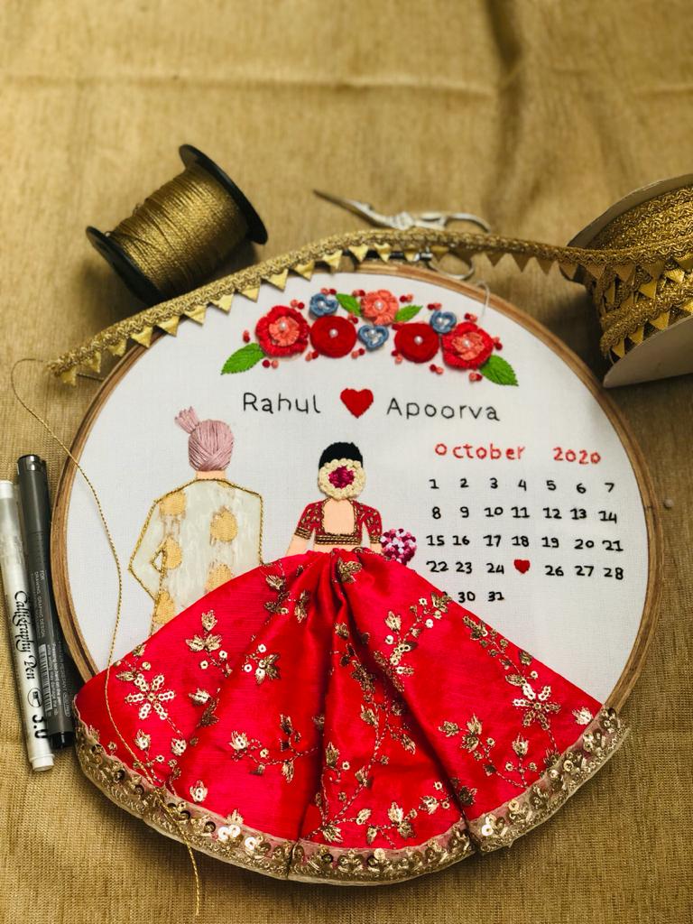 Customizable Bride & Groom Calendar Embroidered Hoop