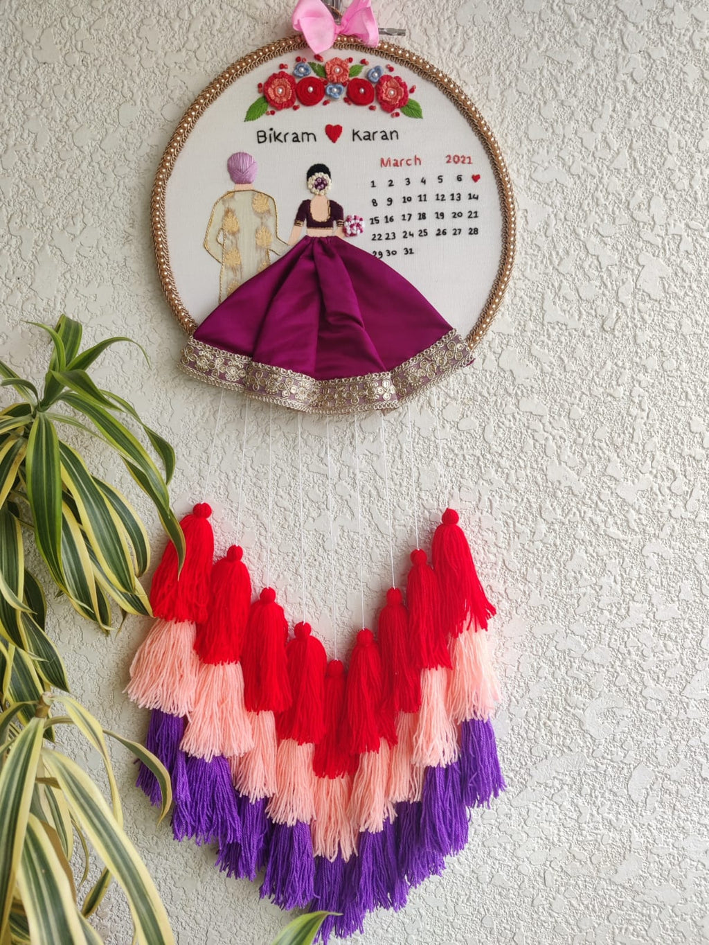 Customizable Bride & Groom Calendar Embroidered Hoop with Tassels