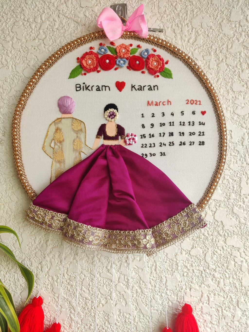 Customizable Bride & Groom Calendar Embroidered Hoop with Tassels