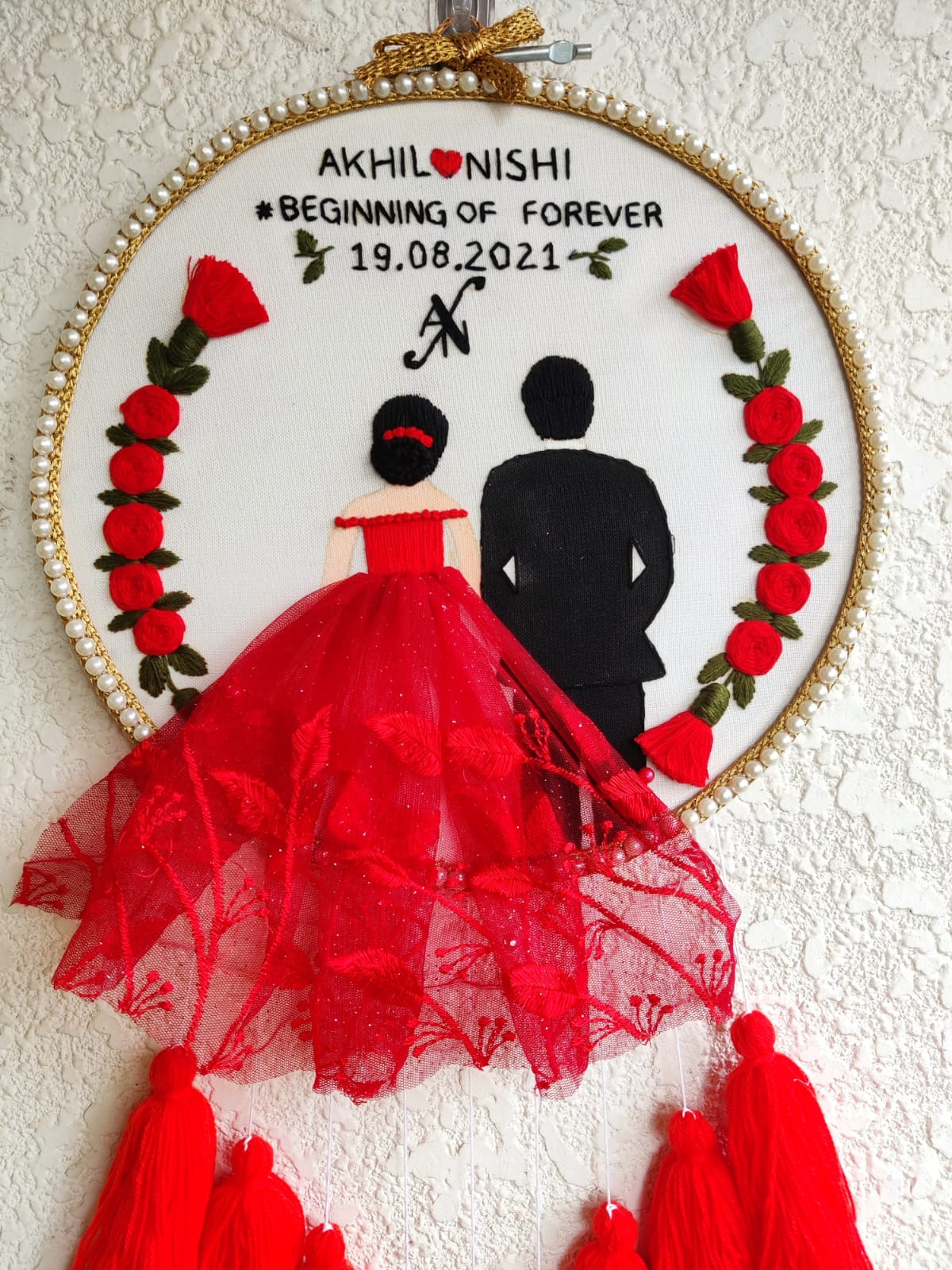 Customizable Couple Embroidered Hoop with Tassels
