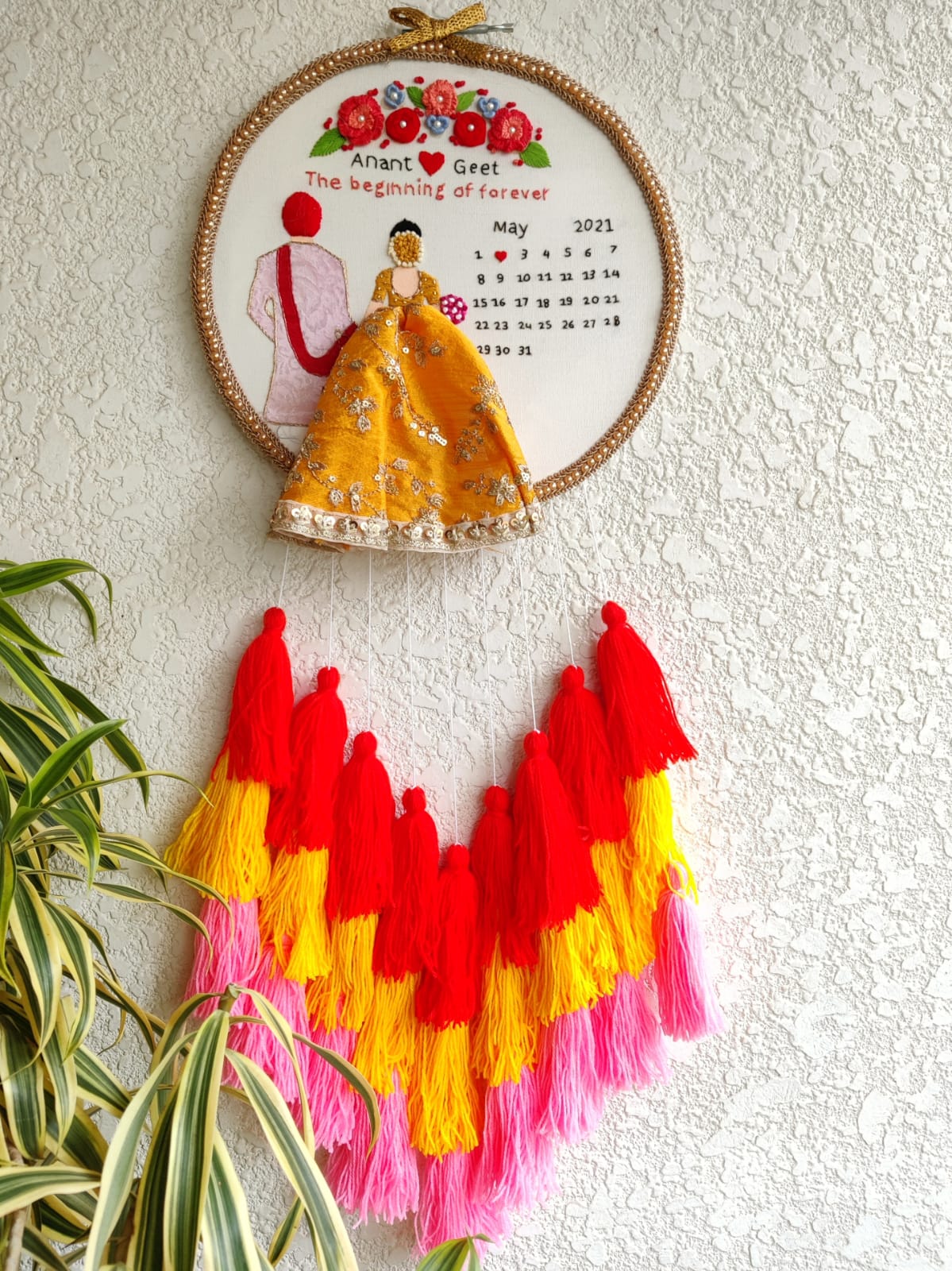Customizable Bride & Groom Calendar Embroidered Hoop with Tassels