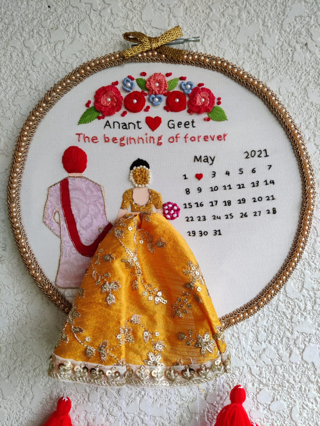 Customizable Bride & Groom Calendar Embroidered Hoop with Tassels