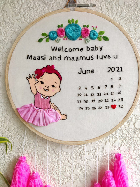 Customizable Baby Girl Calendar Embroidered Hoop with Tassels