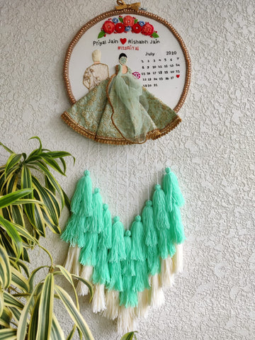 Customizable Bride & Groom Calendar Embroidered Hoop with Tassels