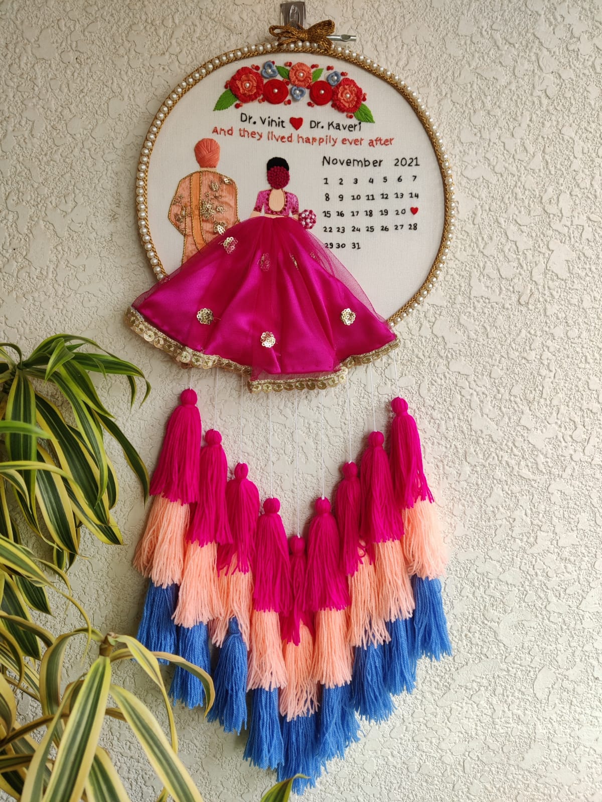 Customizable Bride & Groom Calendar Embroidered Hoop with Tassels