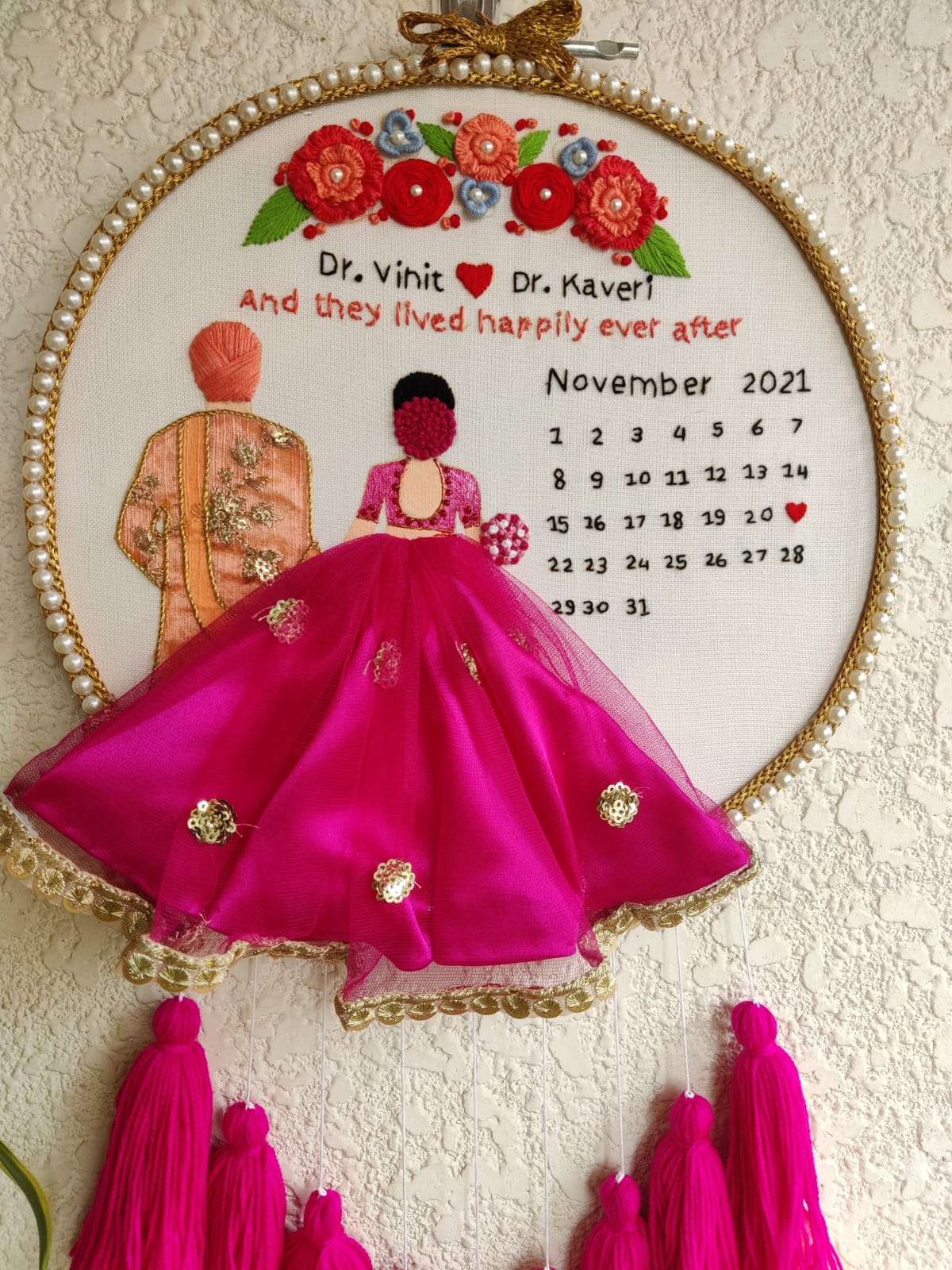 Customizable Bride & Groom Calendar Embroidered Hoop with Tassels