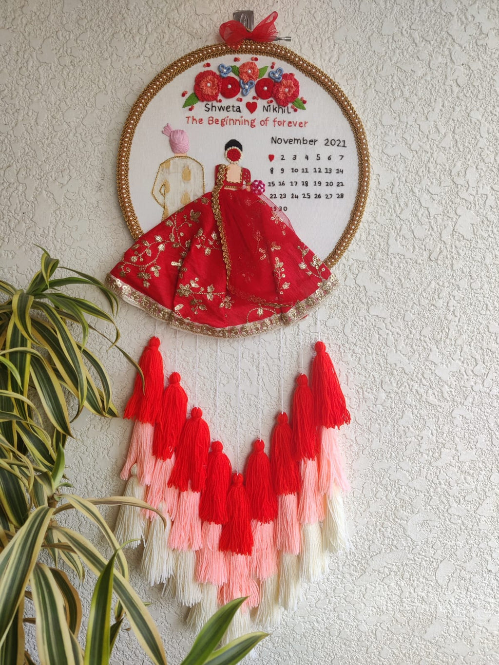 Customizable Bride & Groom Calendar Embroidered Hoop with Tassels