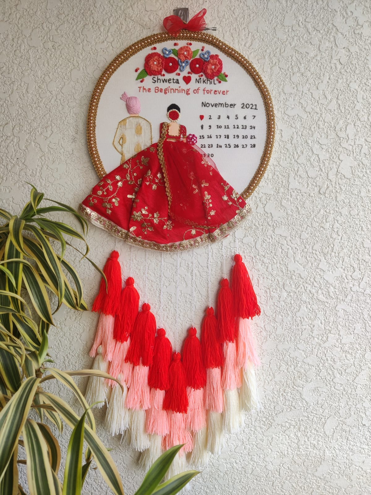 Customizable Bride & Groom Calendar Embroidered Hoop with Tassels