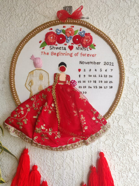 Customizable Bride & Groom Calendar Embroidered Hoop with Tassels