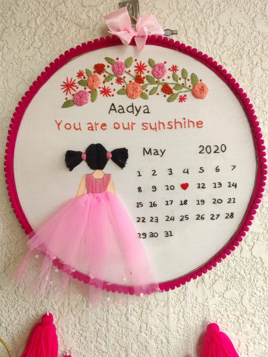 Customizable 'Birthday' Calendar Embroidered Hoop with Tassels