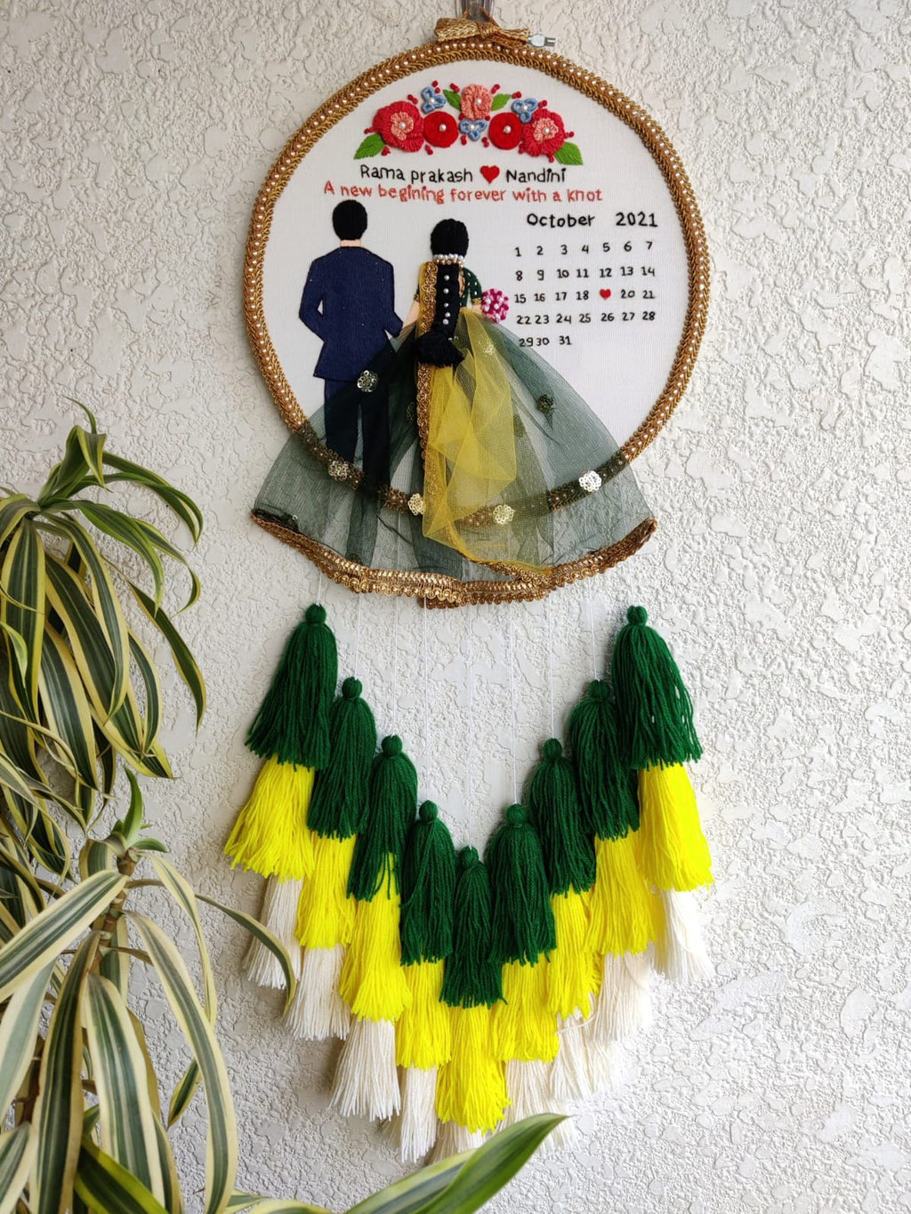 Customizable Bride & Groom Calendar Embroidered Hoop with Tassels