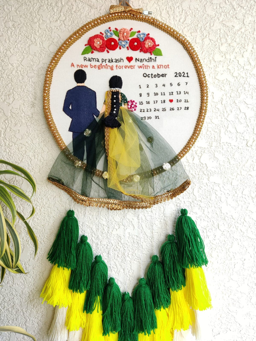 Customizable Bride & Groom Calendar Embroidered Hoop with Tassels