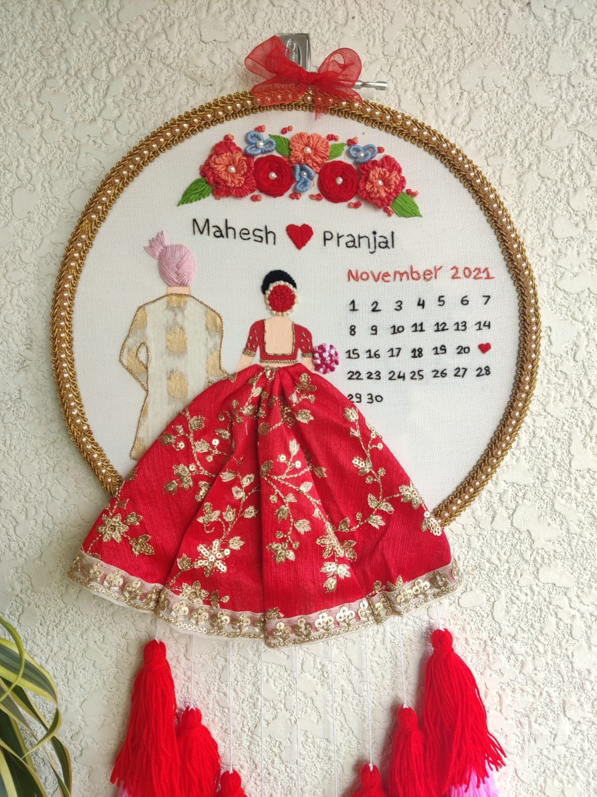 Customizable Bride & Groom Calendar Embroidered Hoop with Tassels