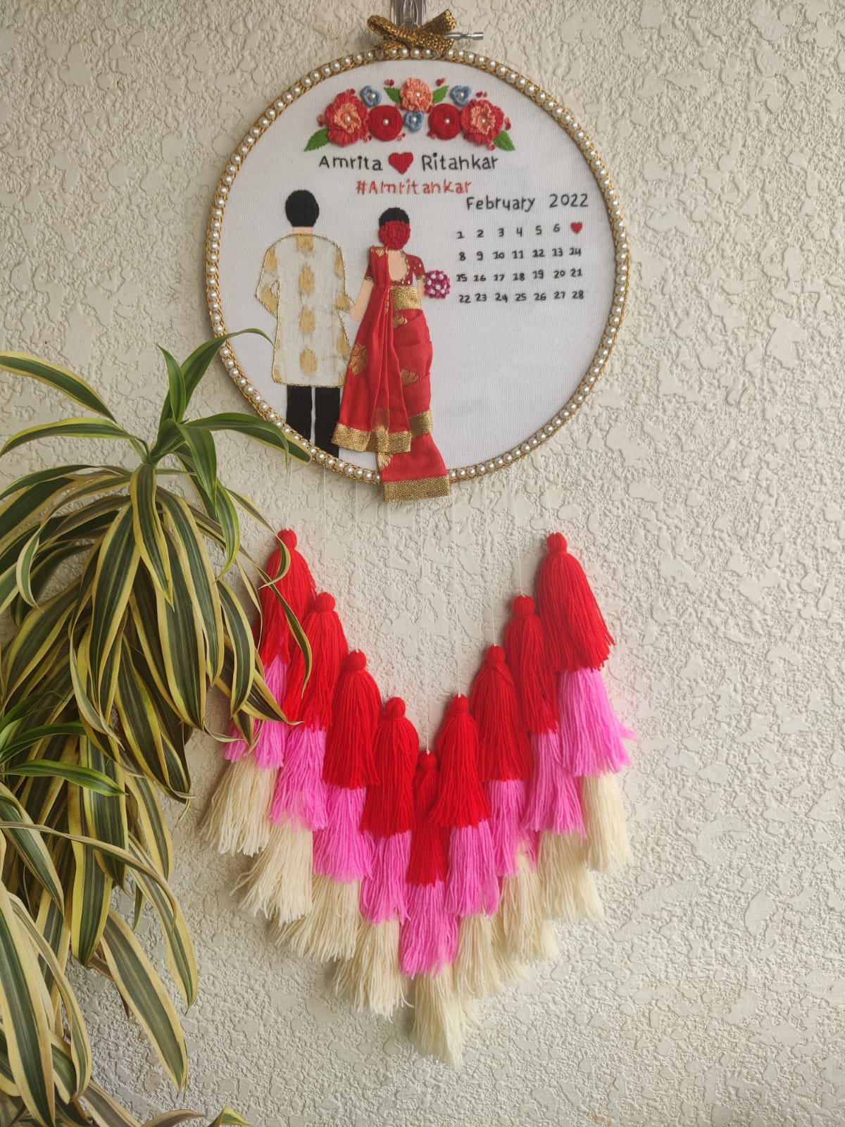Customizable Bride & Groom Calendar Embroidered Hoop with Tassels