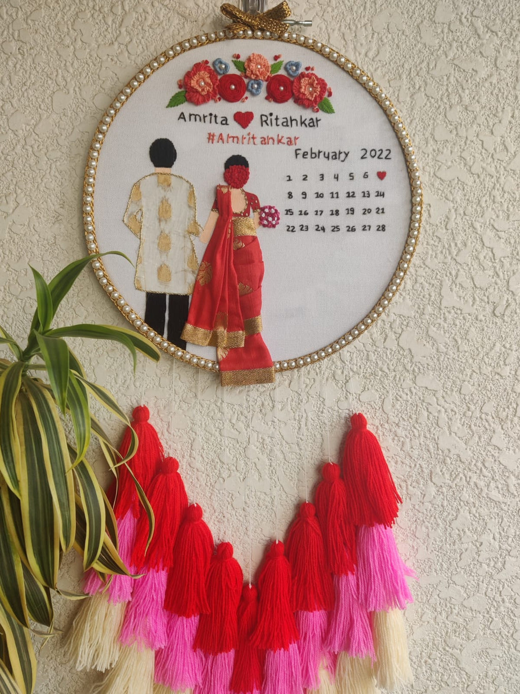 Customizable Bride & Groom Calendar Embroidered Hoop with Tassels