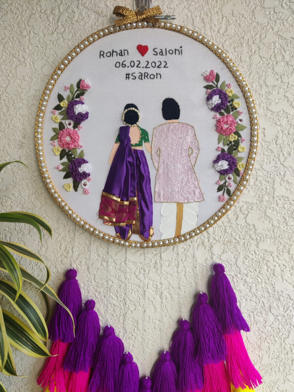 Customizable Couple Embroidered Hoop with Tassels