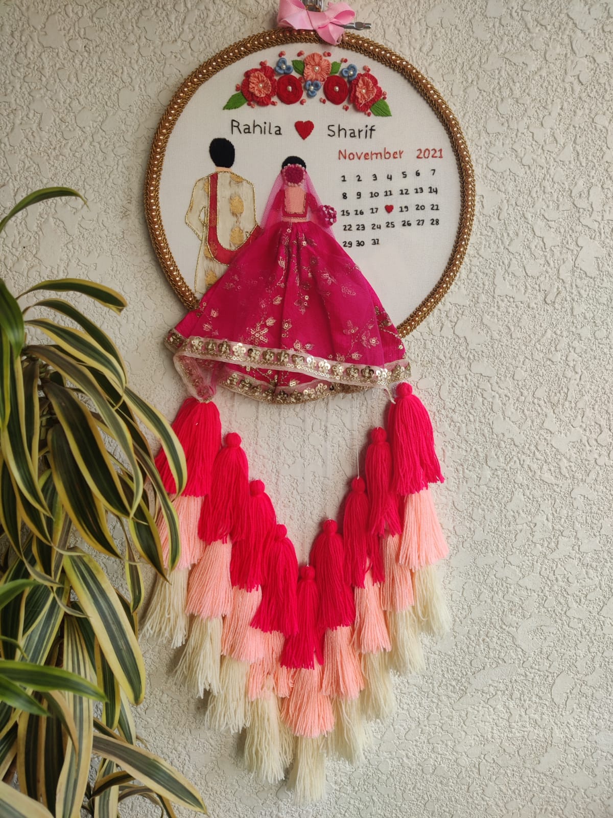 Customizable Bride & Groom Calendar Embroidered Hoop with Tassels