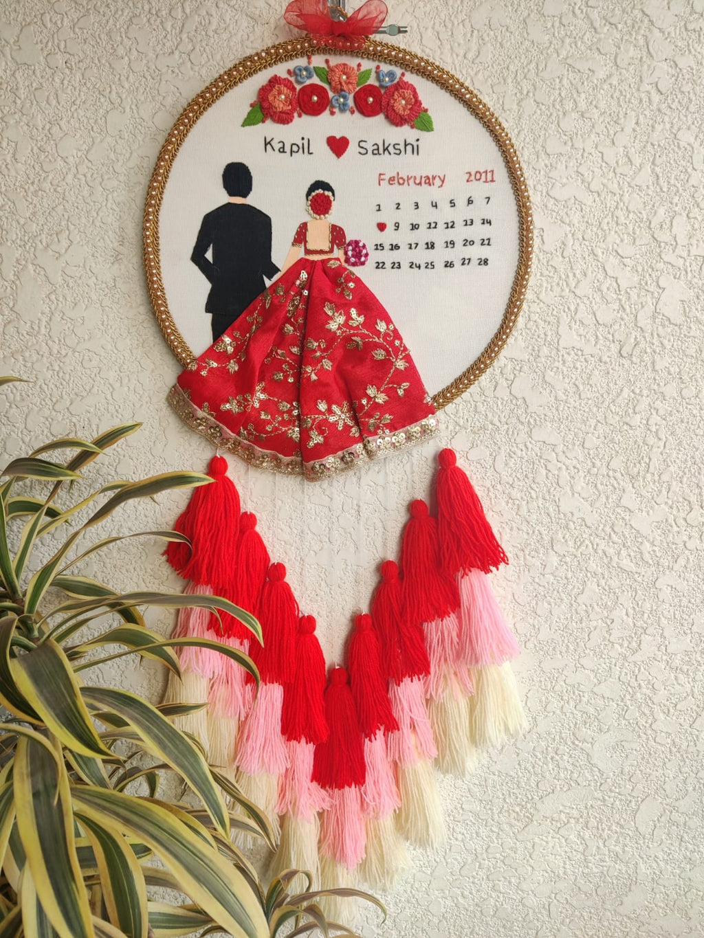 Customizable Bride & Groom Calendar Embroidered Hoop with Tassels