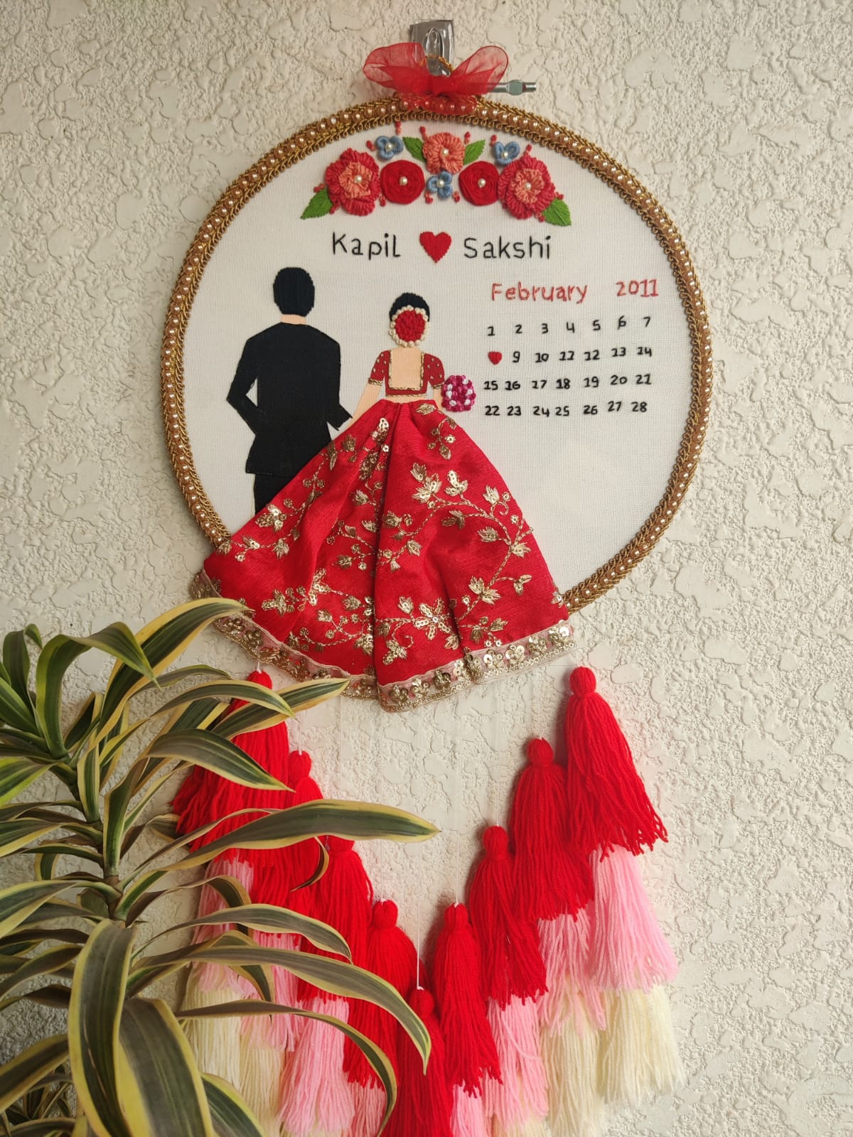 Customizable Bride & Groom Calendar Embroidered Hoop with Tassels
