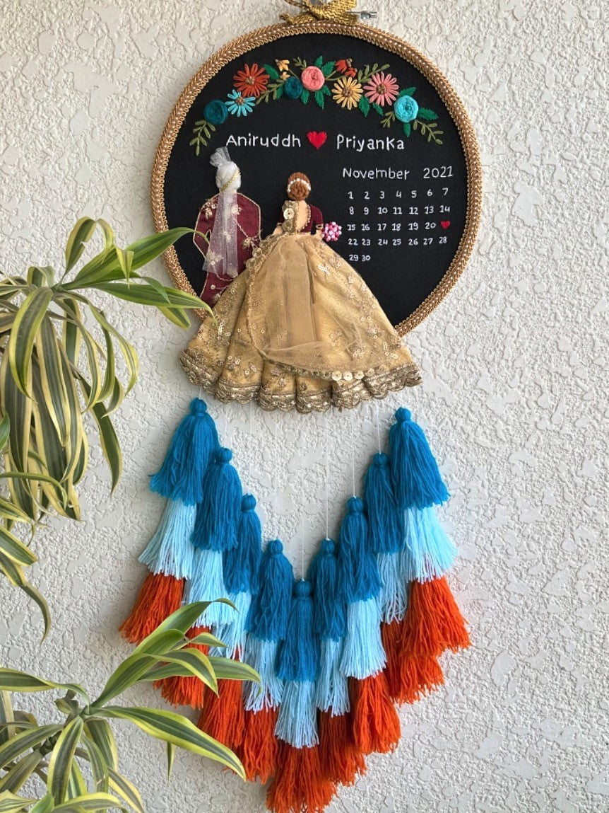 Customizable Bride & Groom Calendar Embroidered Hoop with Tassels