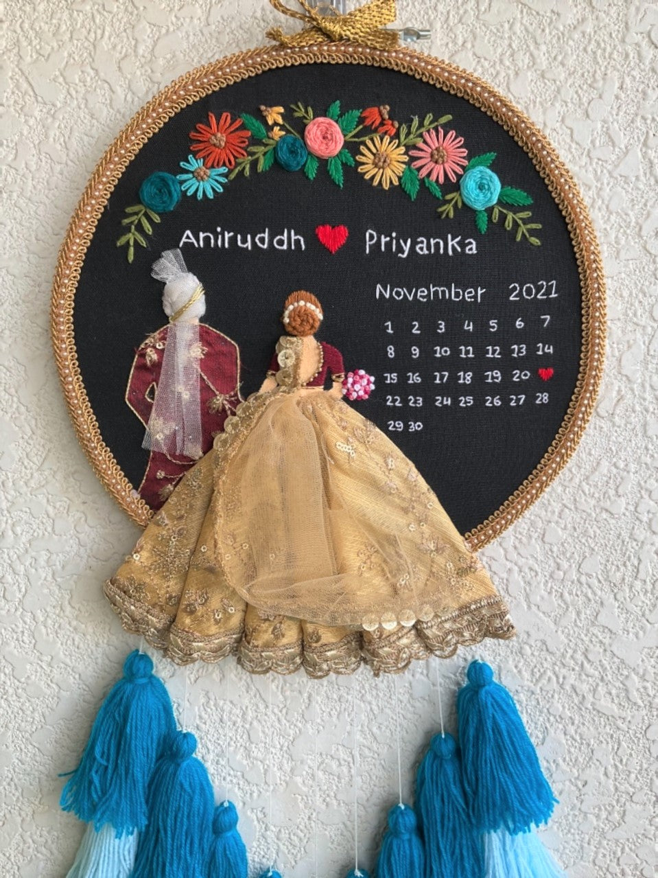 Customizable Bride & Groom Calendar Embroidered Hoop with Tassels