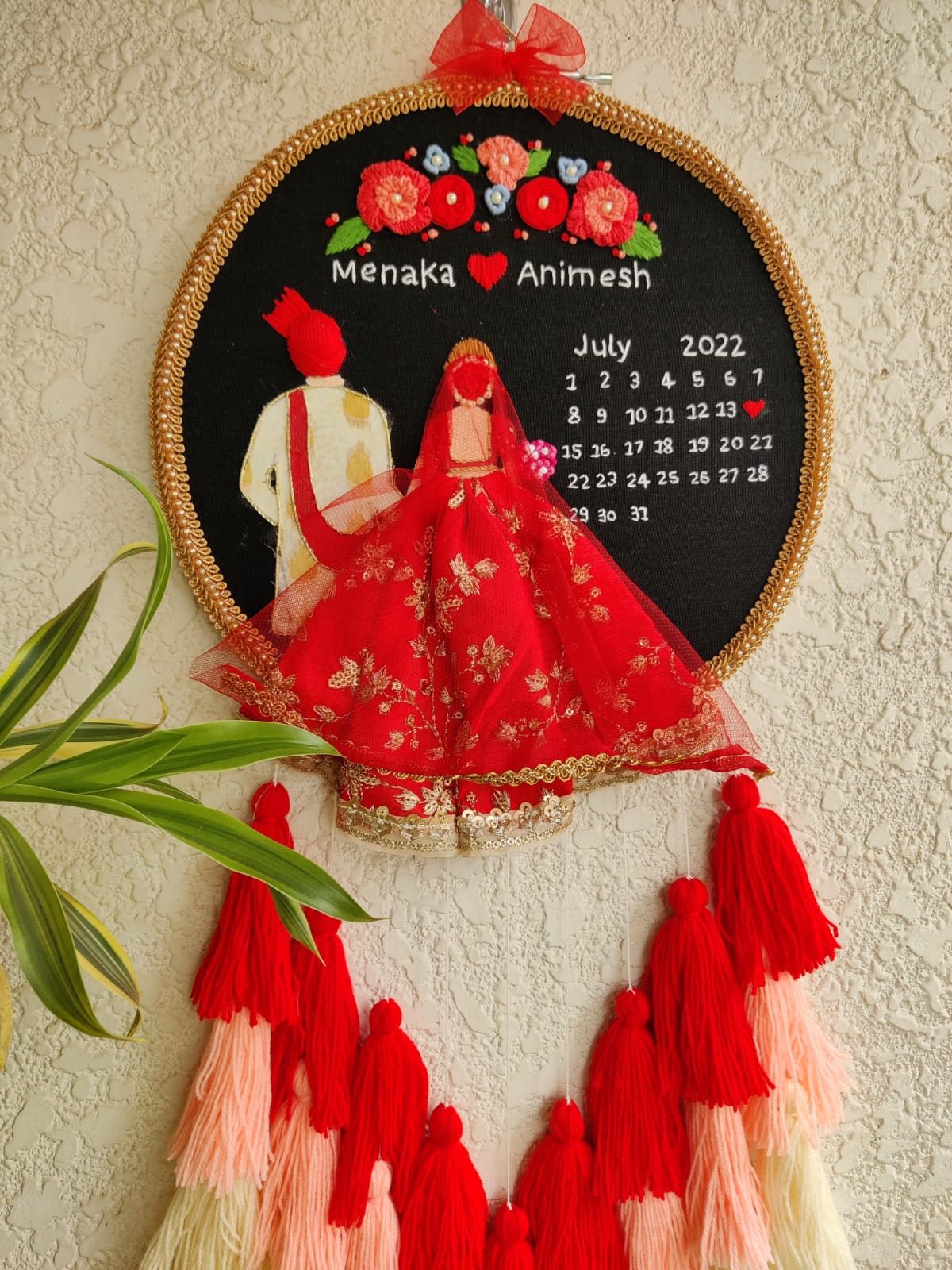 Customizable Bride & Groom Calendar Embroidered Hoop with Tassels