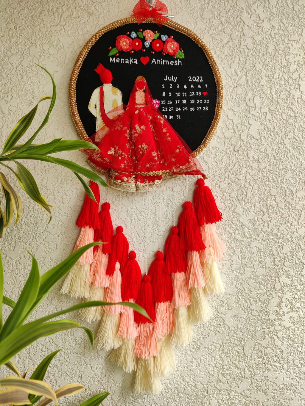 Customizable Bride & Groom Calendar Embroidered Hoop with Tassels